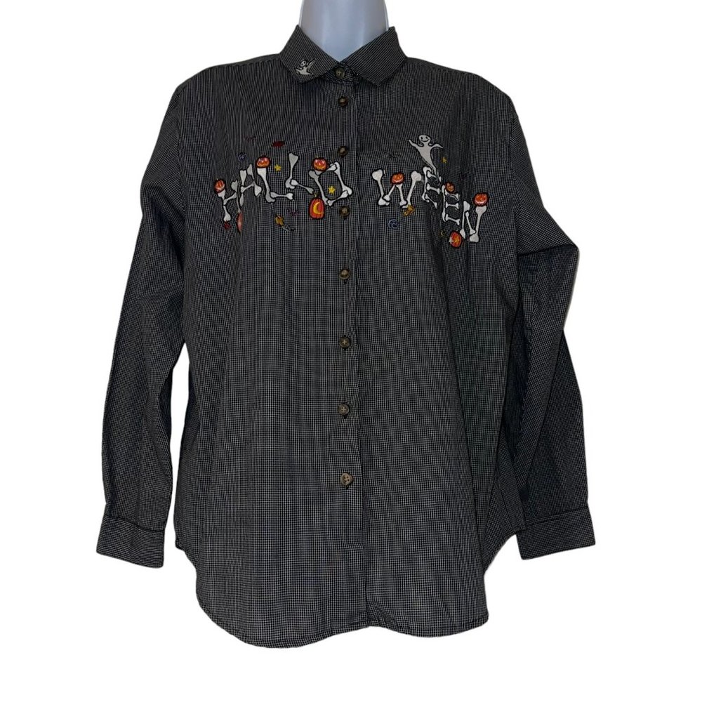 Vintage Karen Scott Halloween Bones Shirt Womens M Gothic Bones Ghost Check